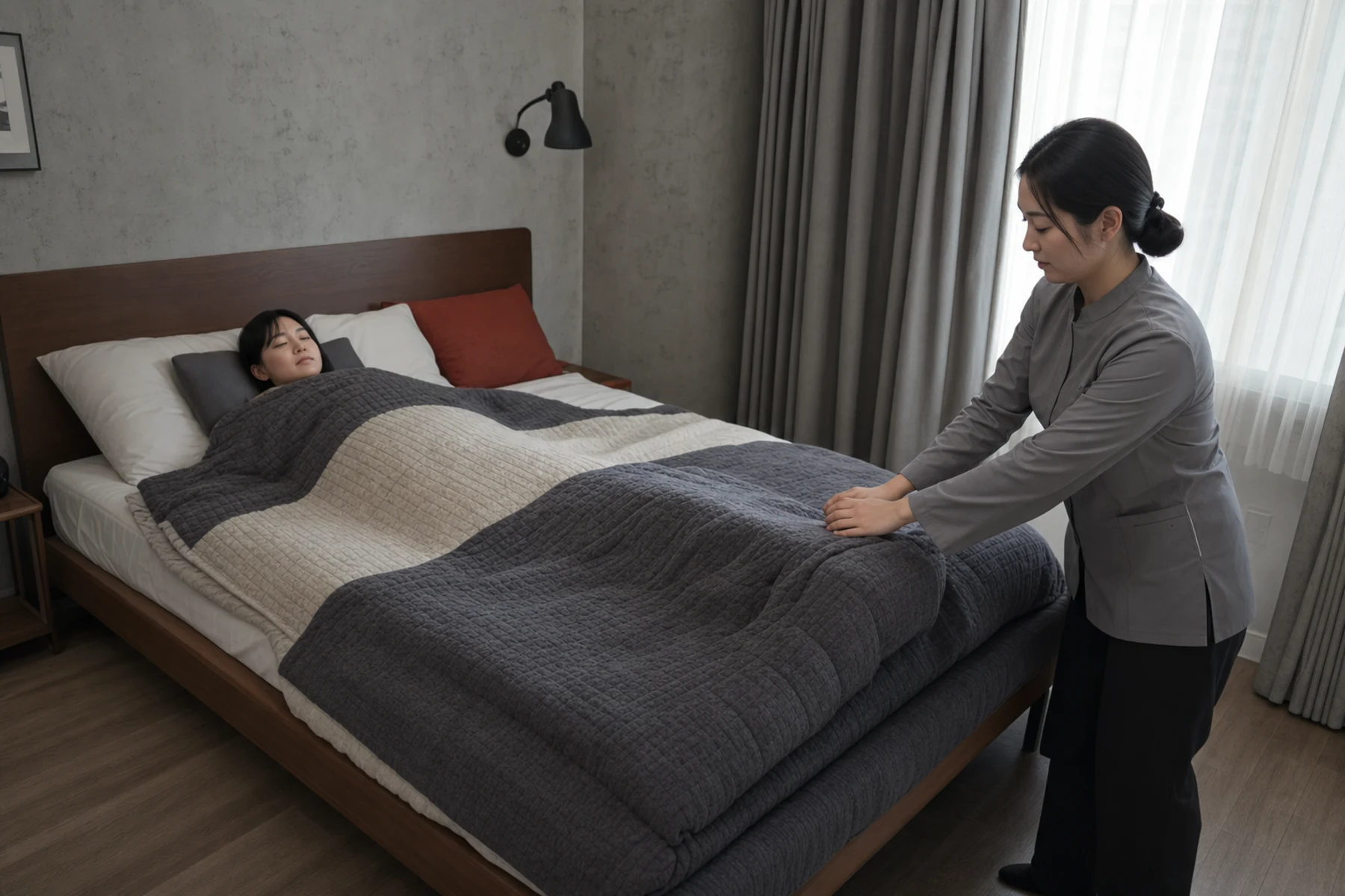 동두천테라피의 전문복 차림 20대 한국인 성인 여성 마사지사가 침대 위에서 완전히 덮인 성인 여성 고객의 어깨를 관리하는 비선정적 장면